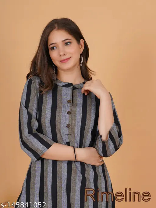 Striped cotton kurti with one pocket, three-quarter sleeves, ideal for daily wear. High-quality Indian-made cotton." (124 characters)