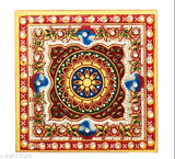 Handcrafted marble pooja chowki set, white makrana marble with red enamel work and kundan stones, 4x4 inch, pack of 2