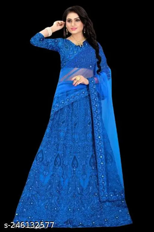 Elegant floral embroidered net bridal lehenga and dupatta, trendy semi-stitched Indian fashion in taffeta silk