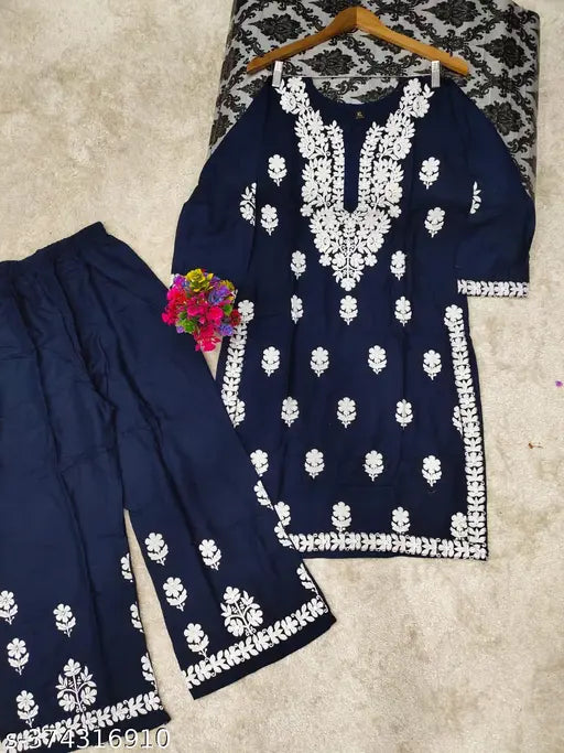 Blue Chikankari Rayon Straight Kurta Set with Palazzos, embroidered net, three-quarter sleeves. Size M (38 in bust), L (40 in bust), XL (42 in bust), XXL (44 in bust), XXXL (46 in bust), 4XL (48 in bust), available in various sizes up to 6XL. India-origin rayon fabric