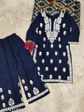 Blue Chikankari Rayon Straight Kurta Set with Palazzos, embroidered net, three-quarter sleeves. Size M (38 in bust), L (40 in bust), XL (42 in bust), XXL (44 in bust), XXXL (46 in bust), 4XL (48 in bust), available in various sizes up to 6XL. India-origin rayon fabric