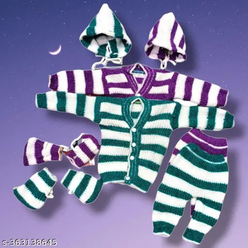 Woolen colorblocked twin set: Comfortable winter sweater, payjama, cap & booties for 0-3 month old babies, India