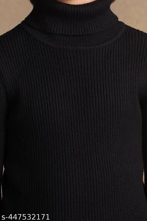 Black Woolen kids sweater with high neck and turtle neck stripe pattern, warm polycotton material. Comfortable attire for children aged 0-16 years, originated from India
