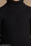 Black Woolen kids sweater with high neck and turtle neck stripe pattern, warm polycotton material. Comfortable attire for children aged 0-16 years, originated from India