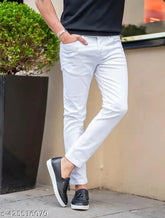 White stretchable slimfit denim jeans for men by Koetler, India" (109 characters)