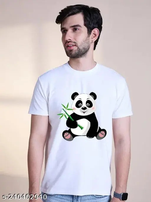 Cute Pandaa men's printed polyester t-shirt, eye-catching design, short sleeves, India origin