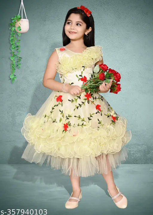 Embroidered net floral print frock, fit-and-flare silhouette for girls, India origin