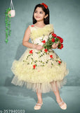 Embroidered net floral print frock, fit-and-flare silhouette for girls, India origin