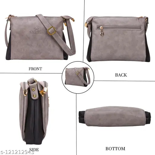 Grey sling bag, 3 compartments, self-design fabric. Quality materials, spacious and classy accessory with fringe tassels and drawstring detail. Made in India