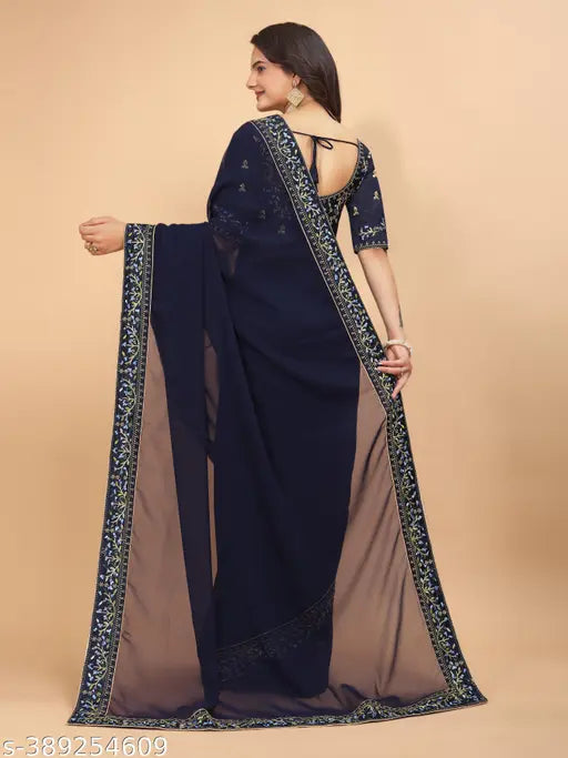Georgette saree with embroidered blouse and lace, Indian self-design in free size, 5.5m length