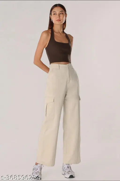 Cotton Lycra four-pocket pant for women, solid color Bell bottom style from DWELL FASHION
