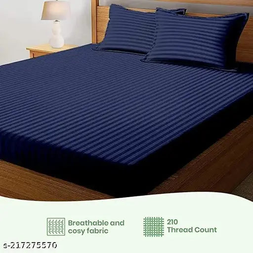Navy blue striped glace cotton fitted bedsheet set with 2 pillow covers (72x78 inches bedsheet, 18x28 inches pillow covers), ideal for summer decor and adult use
