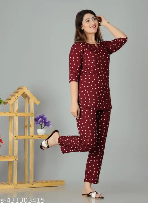 Floral print rayon women's night suit set, long sleeve top and pants for comfortable loungewear