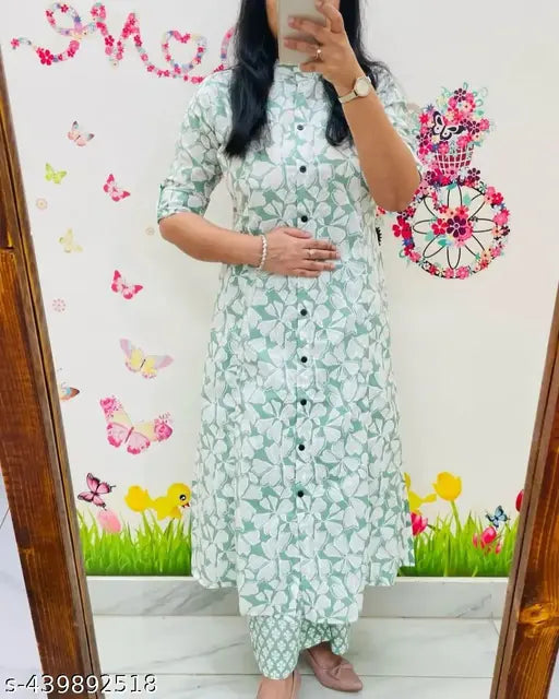 Rayon long kurta with palazzo print, featuring three-quarter sleeves and rayon fabric. Indian women's fashion outfit on display