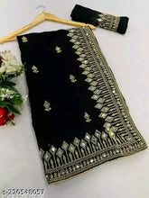 Embroidered Georgette mirror saree with matching running blouse, intricate Indian fancy work design on free size 5.5m saree and 0.8m blouse
