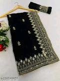 Embroidered Georgette mirror saree with matching running blouse, intricate Indian fancy work design on free size 5.5m saree and 0.8m blouse