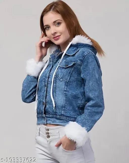 Denim fur jacket by Belleza Design, solid pattern, long sleeves, size S (30in bust, 20in length)