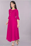 Pink rayon flared kurta, women's solid traditional Indian attire with three-quarter sleeves
