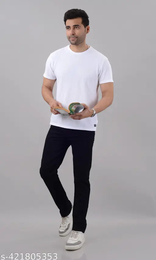 Men's black denim regular jeans, versatile and stretchable for casual to semi-formal wear. Made of solid denim fabric, size 42, 44, 46, 48, or 50 (waist: 42in/44in/46in/48in/50in, length: 41in, hip: 47in/49in/51in/53in/55in), origin India