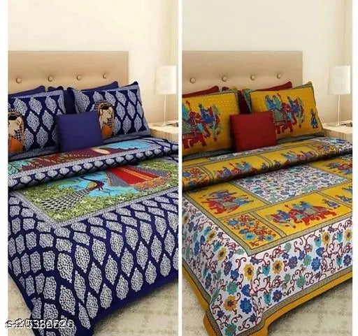 Cotton queen-size Graceful Attractive bedsheets, pack of 2 with 4 pillow covers & 144 thread count, Indian origin