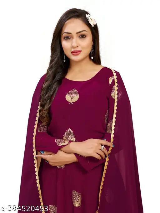 Purple embroidered Georgette maxi kurti, long sleeves, vibrant party wear attire with four side lace