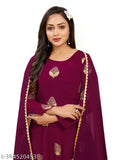 Purple embroidered Georgette maxi kurti, long sleeves, vibrant party wear attire with four side lace