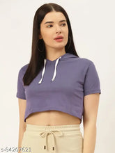 Purple cotton solid hood t-shirt for women, trendy and soft bio-washed fabric, L size (bust 38in, length 18in)