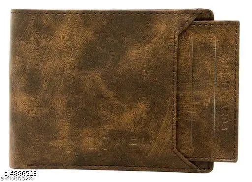 Brown two-fold leather wallet with textured pattern, ideal for men's accessories. Compact size, fits pocket or travel bag. Includes 7 card slots, 2 SIM pockets, and 2 currency slots. Made in India, perfect gifting solution for various occasions