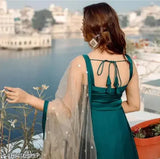 Art Silk green women's gowns with dupatta set, cream color dupatta. Indian-origin fashion for plus sizes (S-6XL)