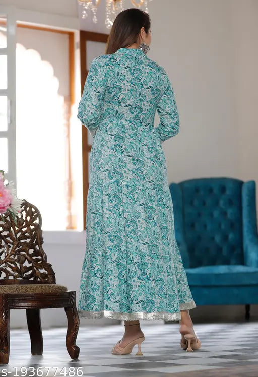 Aqua Blue Rayon Printed Kurti Gown, ideal for parties and festivals. Three-Quarter sleeves, available in 5XL (Bust Size: 50in, Length: 50in) and 6XL (Bust Size: 52in, Length: 50in)