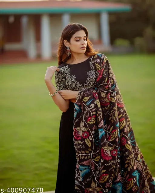 Satin embroidered semi-stitched lehenga choli and dupatta, art silk fabrics, botanical motif, ready-to-ship Indian designer collection