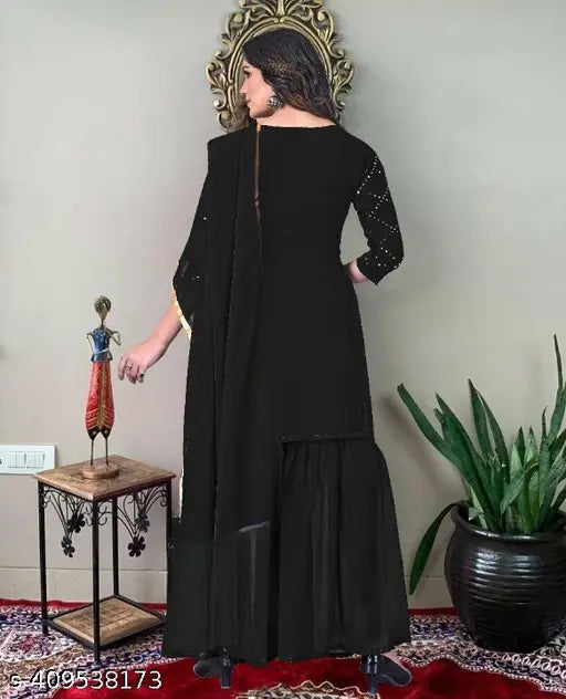 Georgette sequence work women's kurta Sharara set with dupatta, embellished, three-quarter sleeves. India-made traditional Indian wear