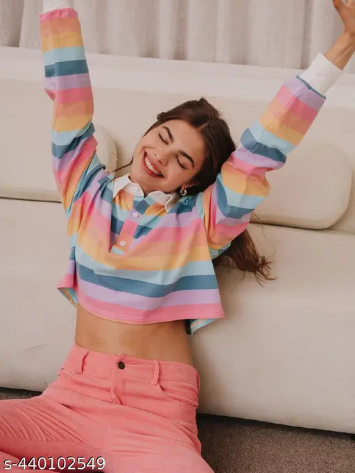 Lightweight rainbow stripe Lycra long-sleeve crop top for women, vibrant and colorblocked for casual wear