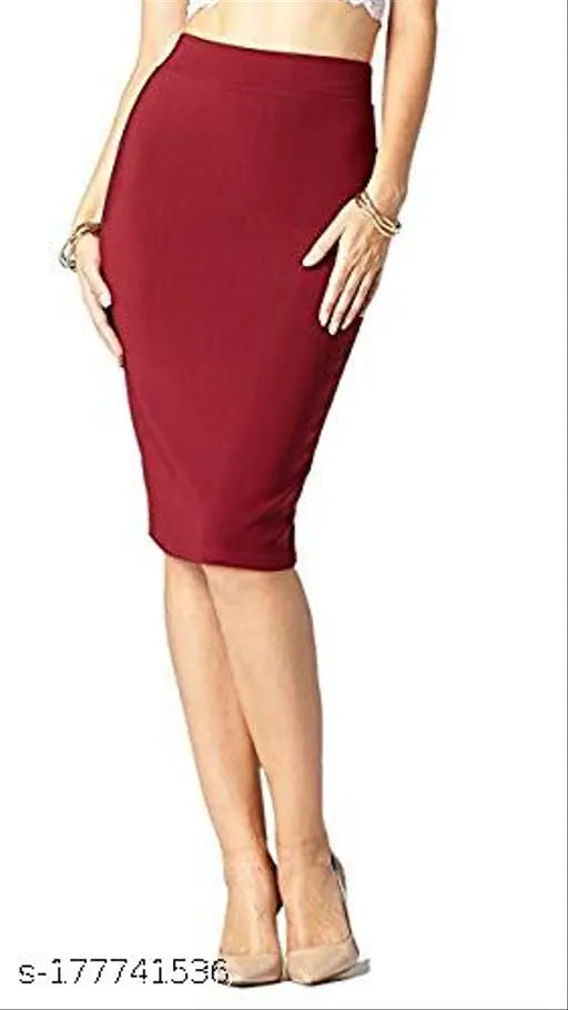 Polyester stretchy midi skirt, elastic waist belt. Women's formal pencil skirt, versatile for dinner or date night