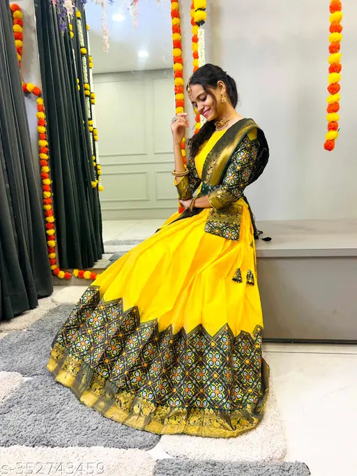 South Indian art silk semi-stitched half saree set in traditional Lehenga Dhavani style, made in India