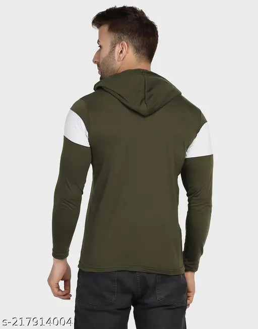Olive Green and White Color-Blocked Cotton Blend Men's Hoodie, long sleeves, versatile casual wear