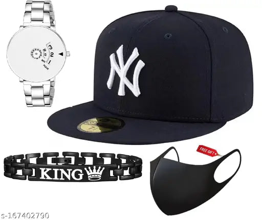 Stylish embroidered cotton baseball cap, black running watch with steel chain and black mask combo - pack of 4 for formal/casual wear by smarty