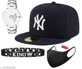 Stylish embroidered cotton baseball cap, black running watch with steel chain, king bracelet, and black mask - Indian-made hip hop fashion accessories set