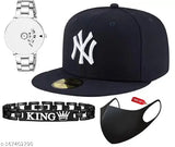 Stylish embroidered cotton baseball cap, black running watch with steel chain and black mask combo - pack of 4 for formal/casual wear by smarty