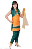 Silk blend printed net girls Patiwala set, three-quarter sleeve with pant jacket and dupatta - Indian fashion for 2-13 years old