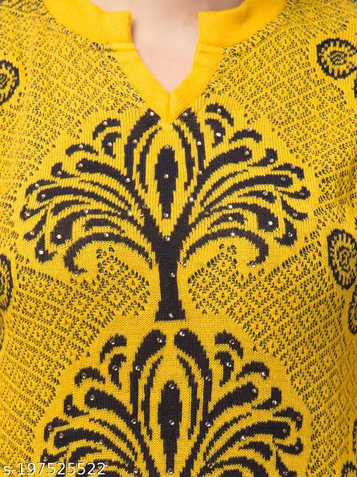 Mustard woolen kurti, long sleeves, printed combo, trendy woman winter wear, India