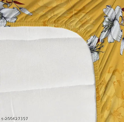 Yellow premium soft cotton elastic fitted double bedsheet with two pillow covers, 72x78x8 inches. Eliminate wrinkles and upgrade your sleep with this high-quality, floral-patterned bedding. Ideal for summer, adult use, and King size beds. Origin: India