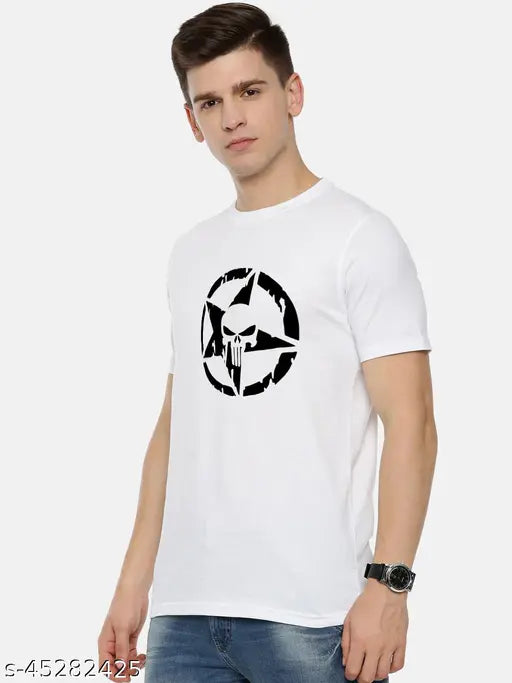 Organic Chics skull star graphic printed white men's round neck half sleeve 100% cotton t-shirt, premium quality with non-shrinkable feature, perfect for gym and casual events