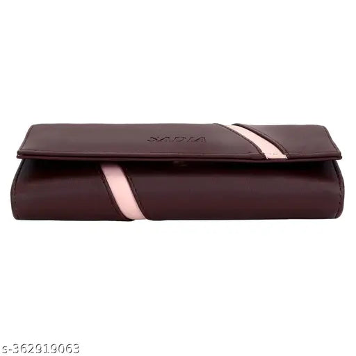 Faux leather women's casual hand clutch wallet/purse, solid net pattern, 3 compartments, free size (8in x 4in), India-made