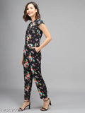 Black crepe jumpsuit with orange flower print, women's trendy floral printed outfit, India origin