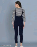Navy blue cotton blend dungaree set with striped top for women and girls, trendy partywear fashion
