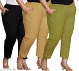 Cotton Lycra plus size trousers, 3-pack for women with 2 side pockets, solid design, mid-rise, wide elastic waistband