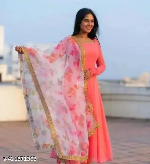 Georgette dyed gown with printed dupatta set, heavy and solid pattern, Indian bridal wear on model