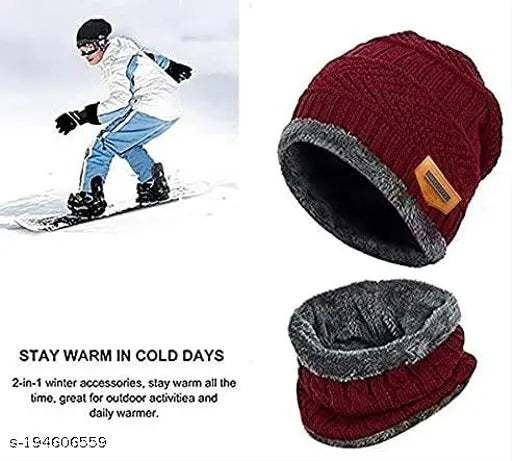 Modern stylish winter combo: Embellished wool cap, scarf, and black polarized sunglasses for boys and girls on display stand (India)