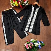 Black rayon top & bottom with intricate embroidery, three-quarter sleeves. Indian-made ethnic wear for women's casual outfits